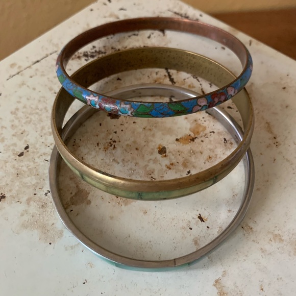 Enamel, Blue Mothers-of-Pearl, and Brass Bangle Bracelets - Picture 3 of 4